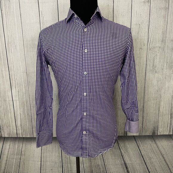 Bugatchi Uomo Men's Size 15 Purple & White Gingham Contrast Cuff Dress Shirt - Picture 2 of 8